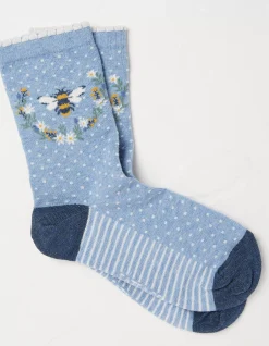 FatFace 1 Pack Bee Wreath Socks Light Blue Marl Outlet