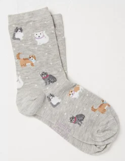 FatFace 1 Pack Cat Socks Grey Marl Sale
