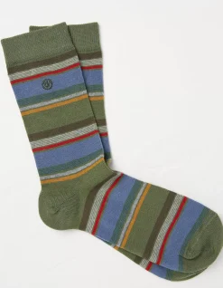 FatFace 1 Pack Christian Multi Stripe Socks Khaki Green Sale