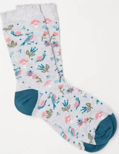 FatFace 1 Pack Floral Bird Socks Light Grey Marl New
