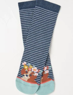 FatFace 1 Pack Floral Dog Stripe Socks Navy Hot