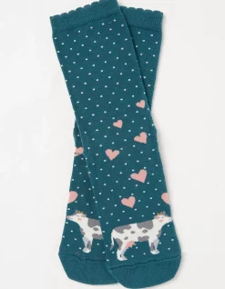 FatFace 1 Pack Kissing Cows Socks Teal Green Clearance