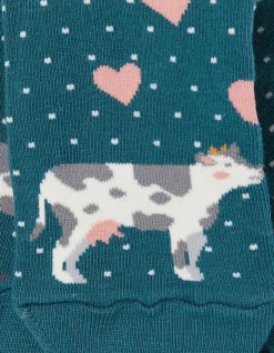 FatFace 1 Pack Kissing Cows Socks Teal Green Clearance