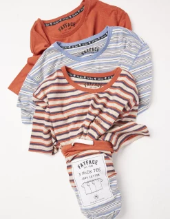 FatFace 3 Pack Stripe T-Shirt Rust Red New