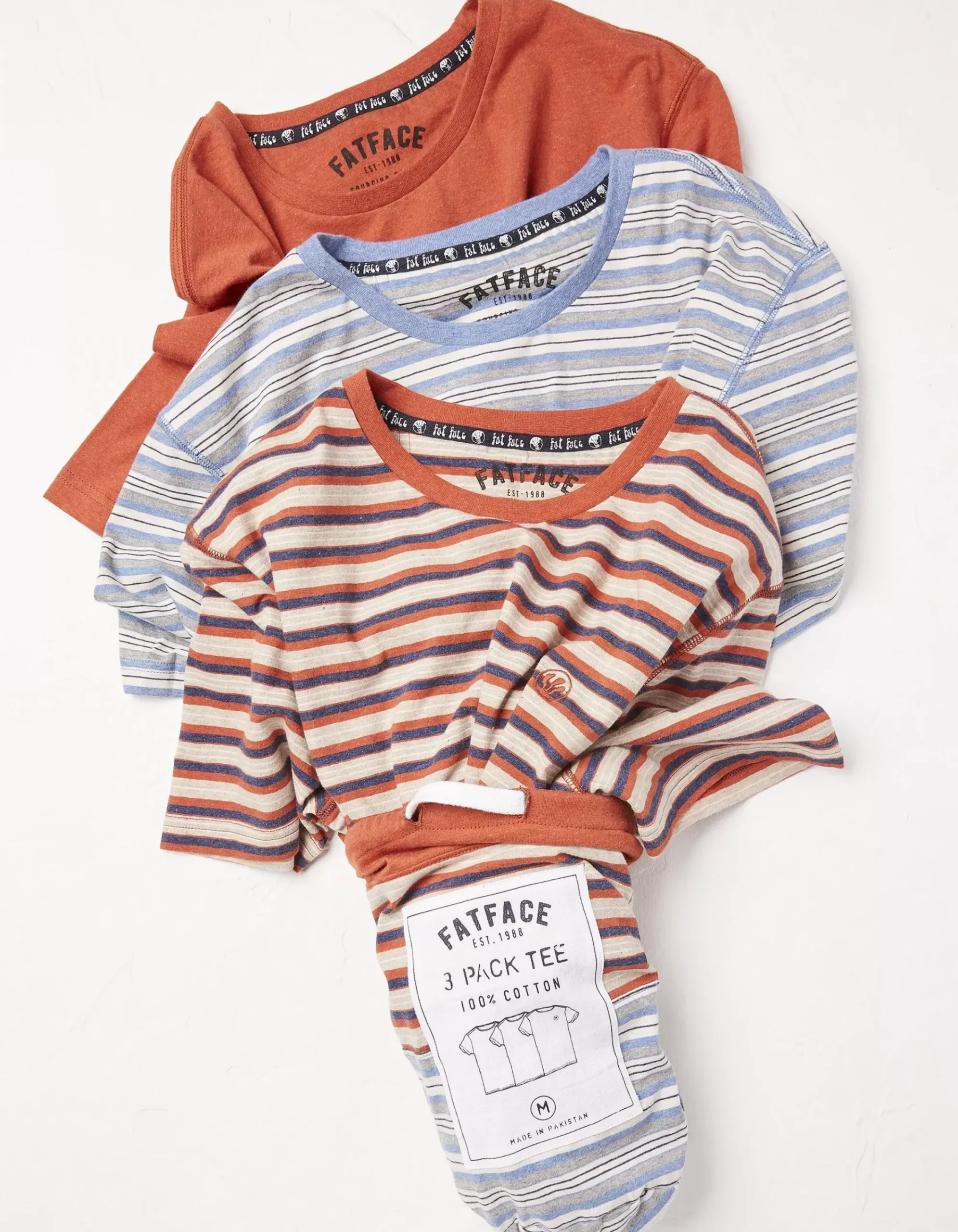 FatFace 3 Pack Stripe T-Shirt Rust Red New