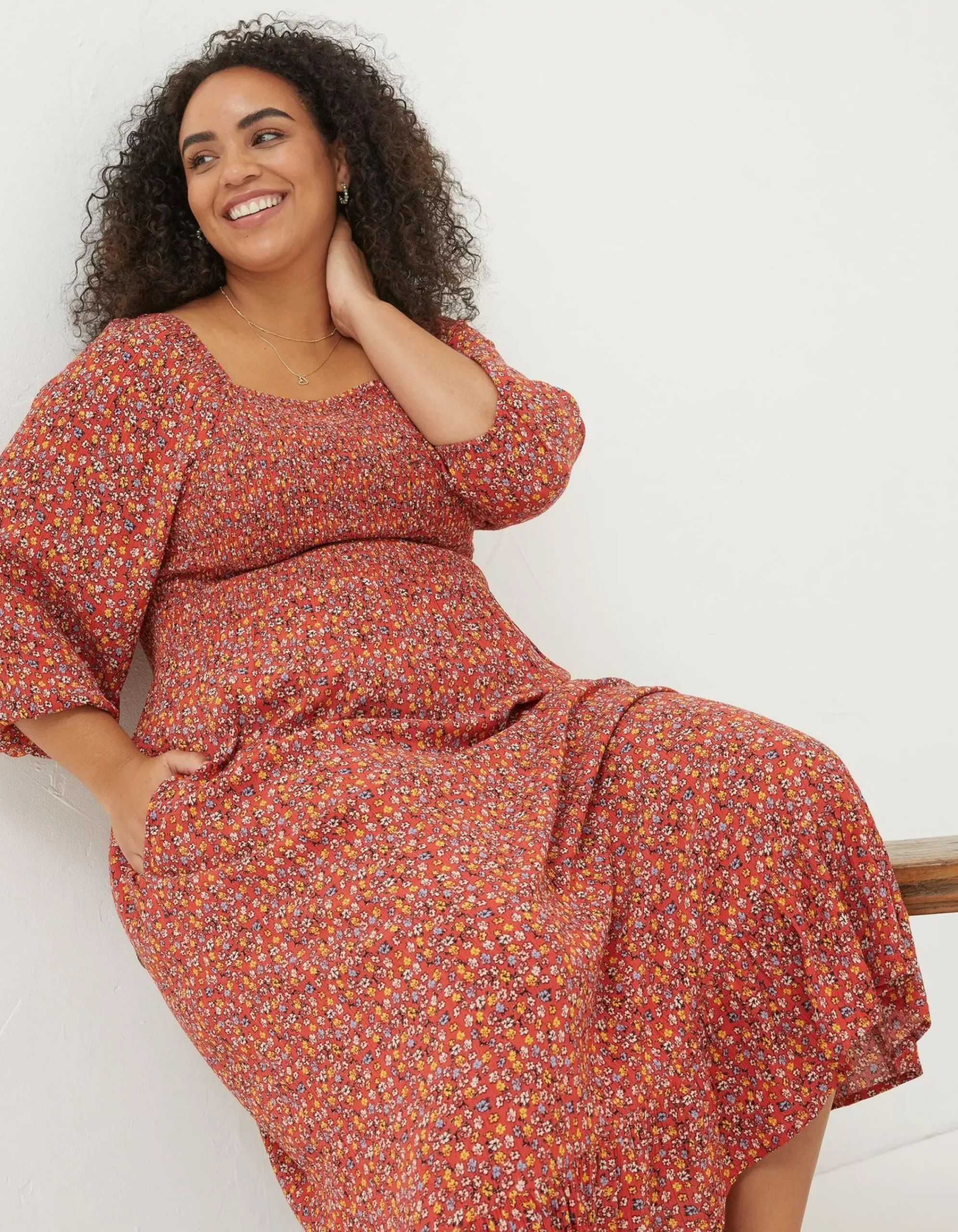 FatFace Adele Gradient Floral Midi Dress Vintage Red Best
