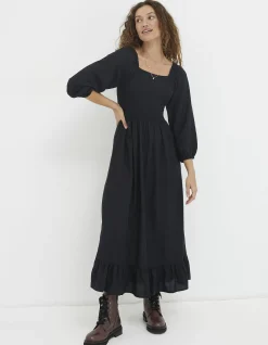 FatFace Adele Shirred Midi Dress Black New