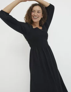 FatFace Adele Shirred Midi Dress Black New