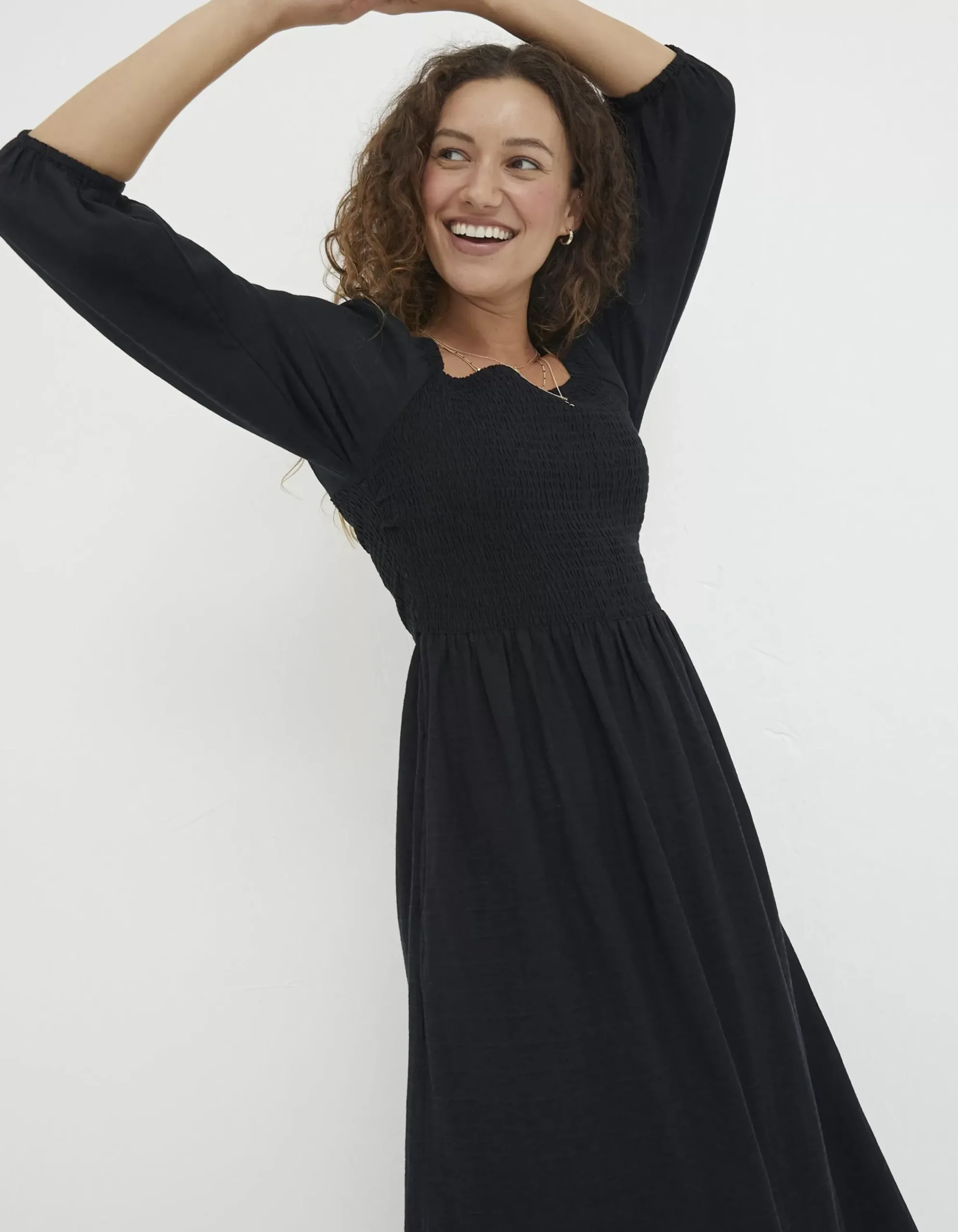 FatFace Adele Shirred Midi Dress Black New