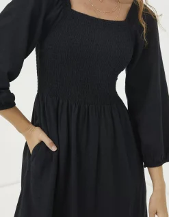 FatFace Adele Shirred Midi Dress Black New