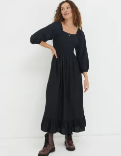 FatFace Adele Shirred Midi Dress Black Outlet