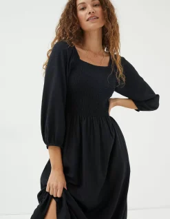 FatFace Adele Shirred Midi Dress Black Outlet