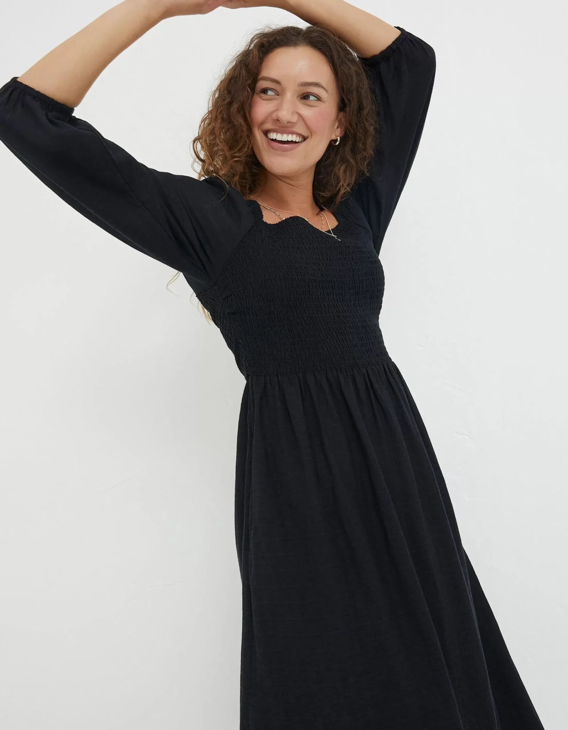 FatFace Adele Shirred Midi Dress Black Outlet