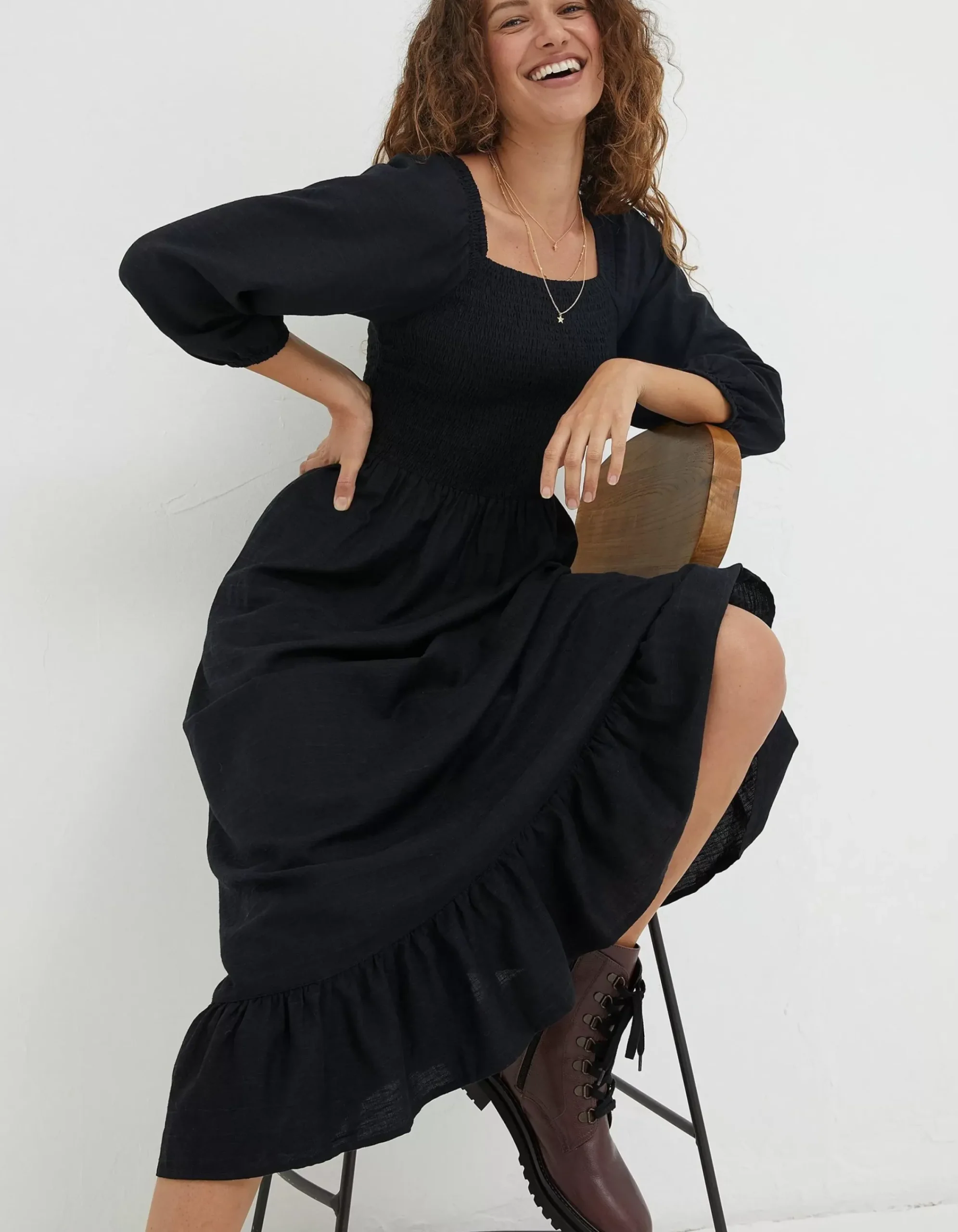 FatFace Adele Shirred Midi Dress Black Outlet