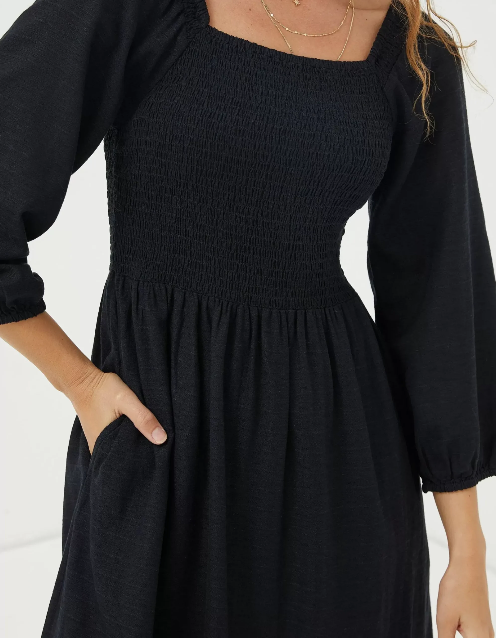 FatFace Adele Shirred Midi Dress Black Outlet