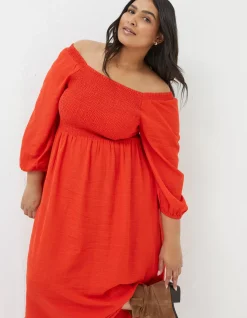 FatFace Adele Shirred Midi Dress Bright Red Best