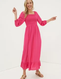 FatFace Adele Shirred Midi Dress Bright Pink Outlet