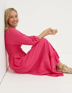 FatFace Adele Shirred Midi Dress Bright Pink Outlet