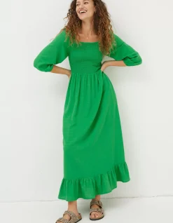 FatFace Adele Shirred Midi Dress Bright Green Sale
