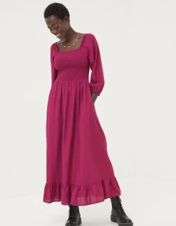 FatFace Adele Shirred Midi Dress Plum Hot