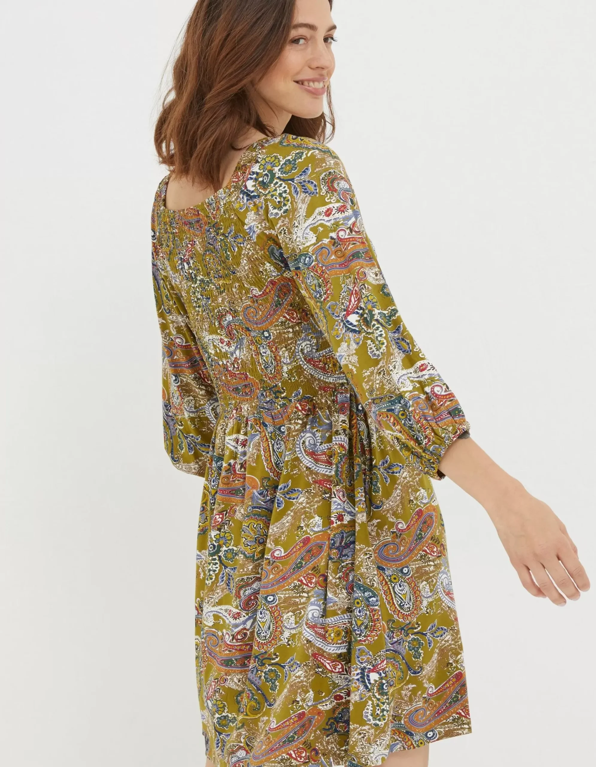 FatFace Adeline Prairie Paisley Dress Light Olive Clearance