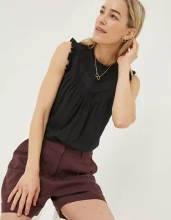 FatFace Ali Frill Sleeve Top Black New
