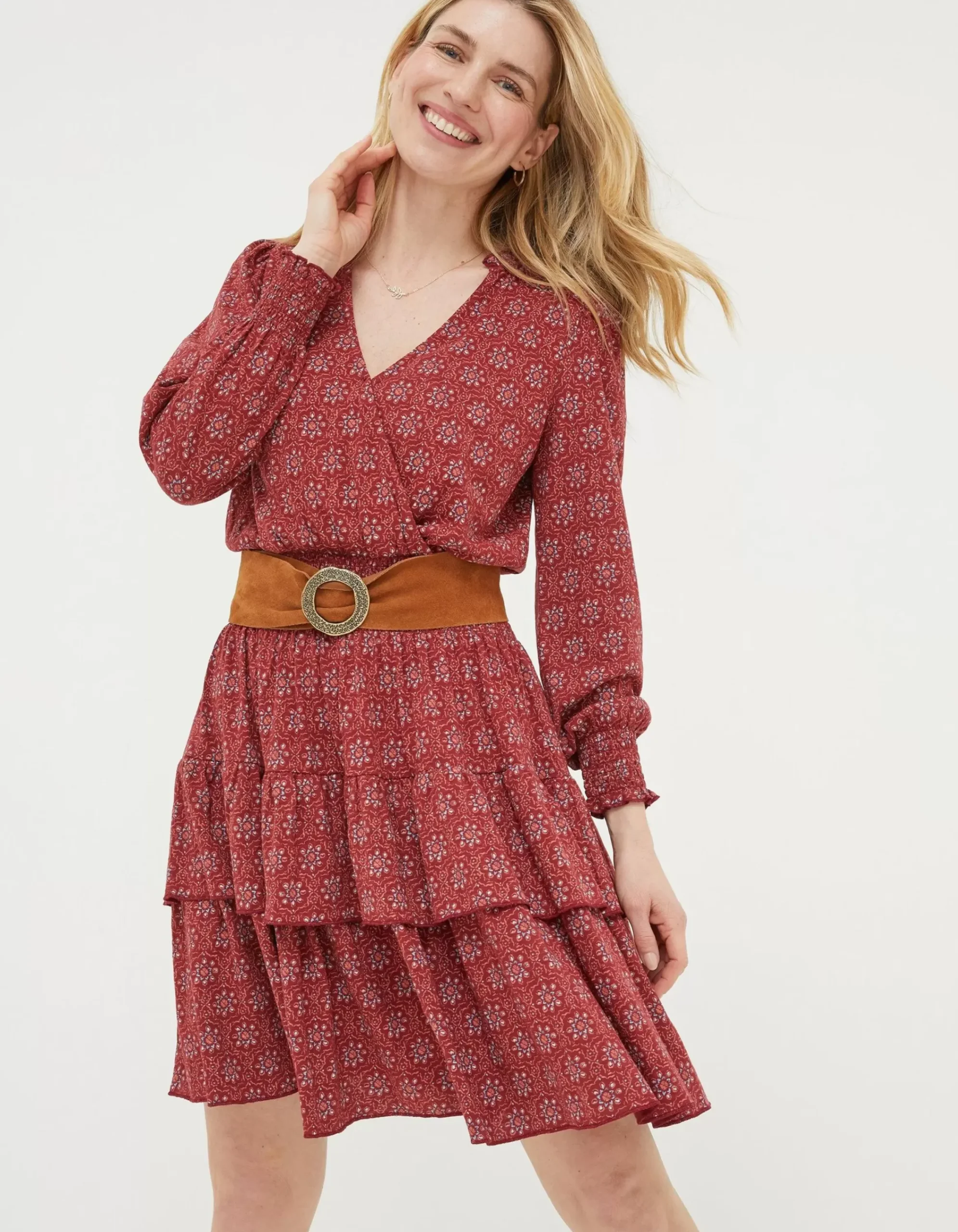 FatFace Amba Craft Geo Jersey Dress Raspberry Red Outlet