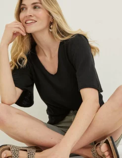 FatFace Angela V Neck Knitted Top Black Discount