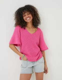 FatFace Angela V Neck Knitted Top Bright Pink Online