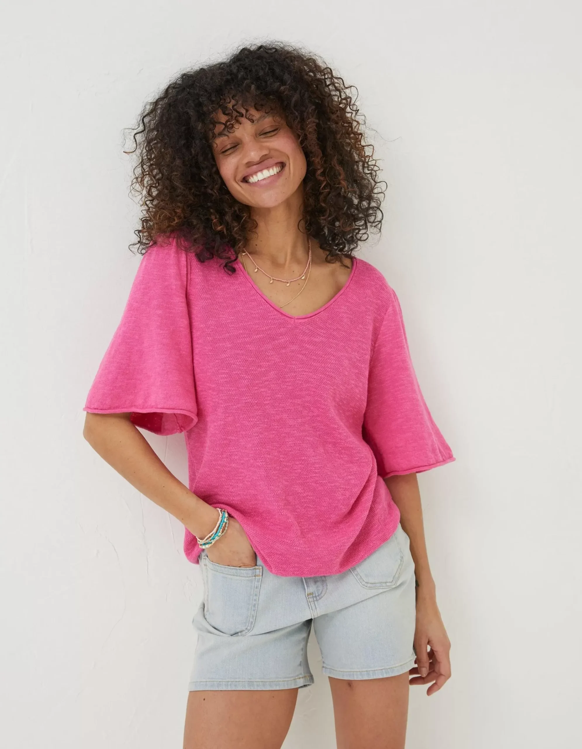 FatFace Angela V Neck Knitted Top Bright Pink Online