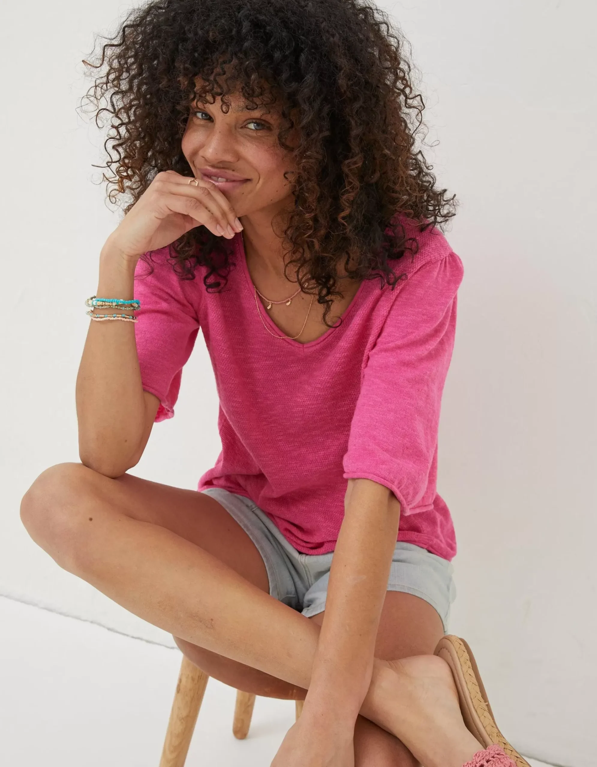 FatFace Angela V Neck Knitted Top Bright Pink Online