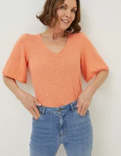 FatFace Angela V Neck Knitted Top Orange Online