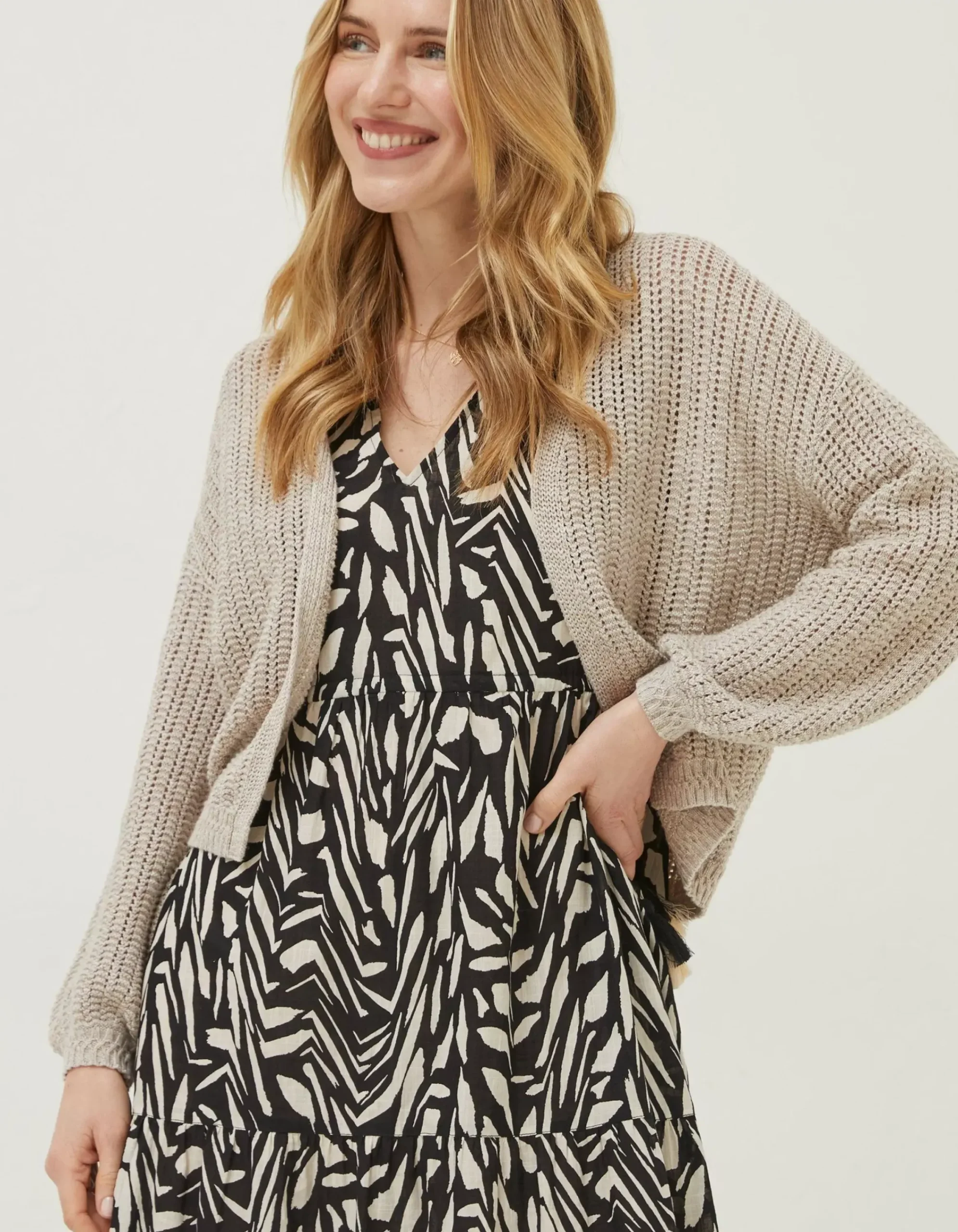 FatFace Anna Crochet Cardigan Light Stone New