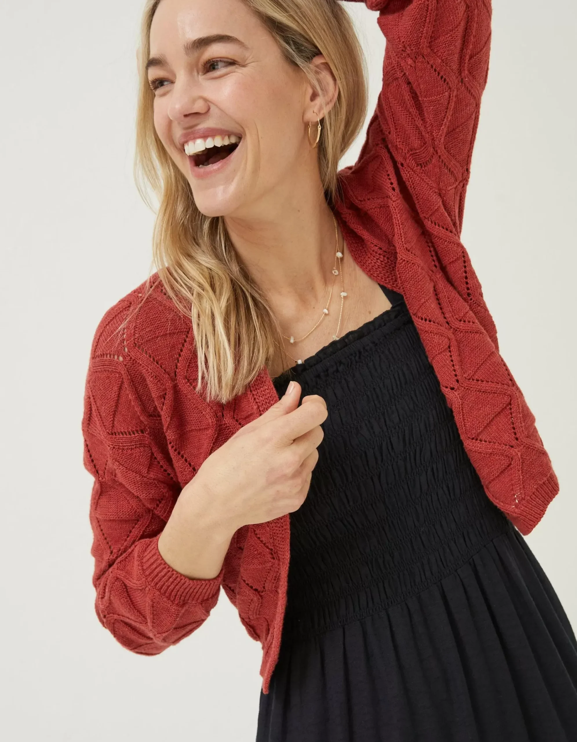 FatFace Anna Pointelle Cardigan Rust Red