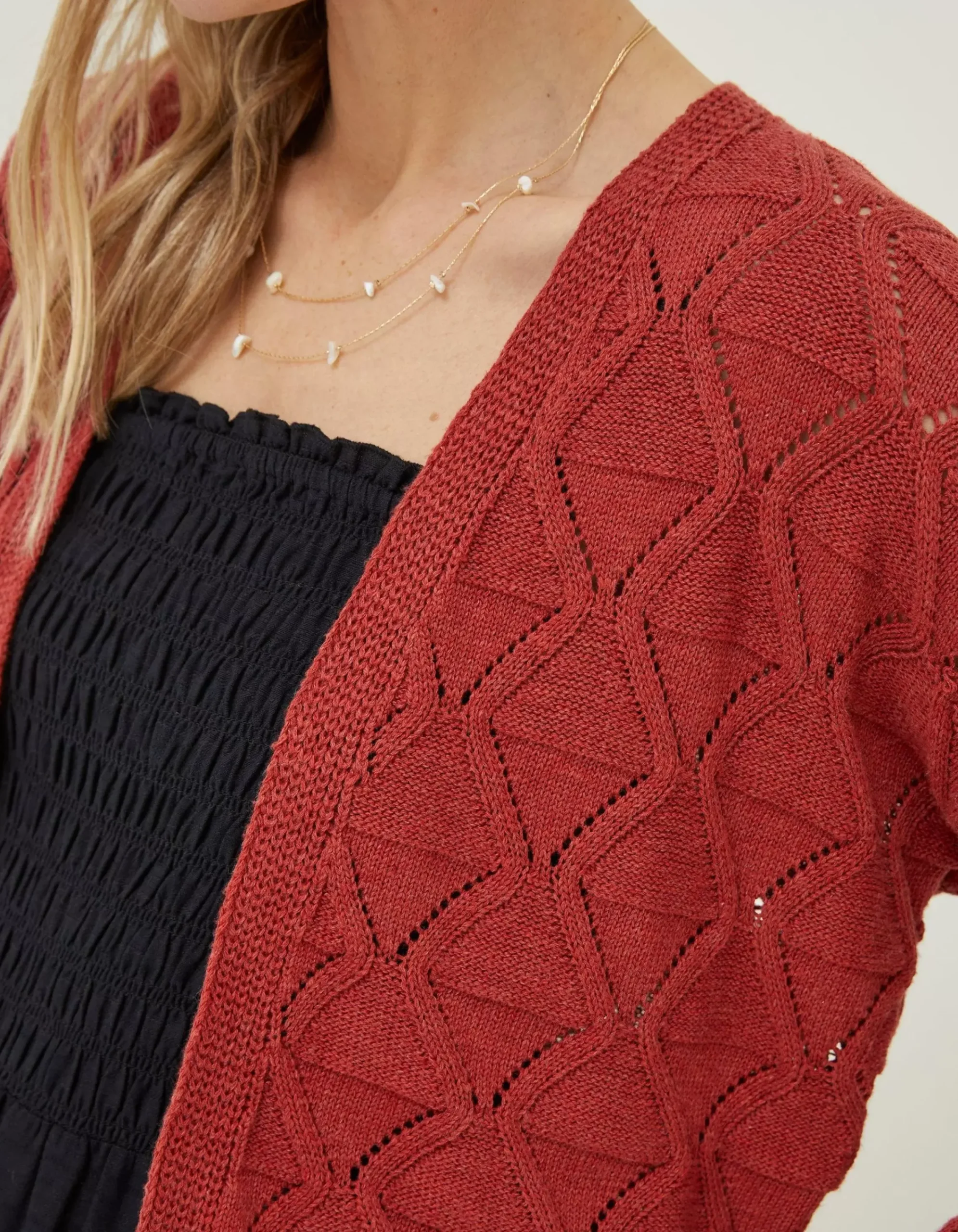 FatFace Anna Pointelle Cardigan Rust Red