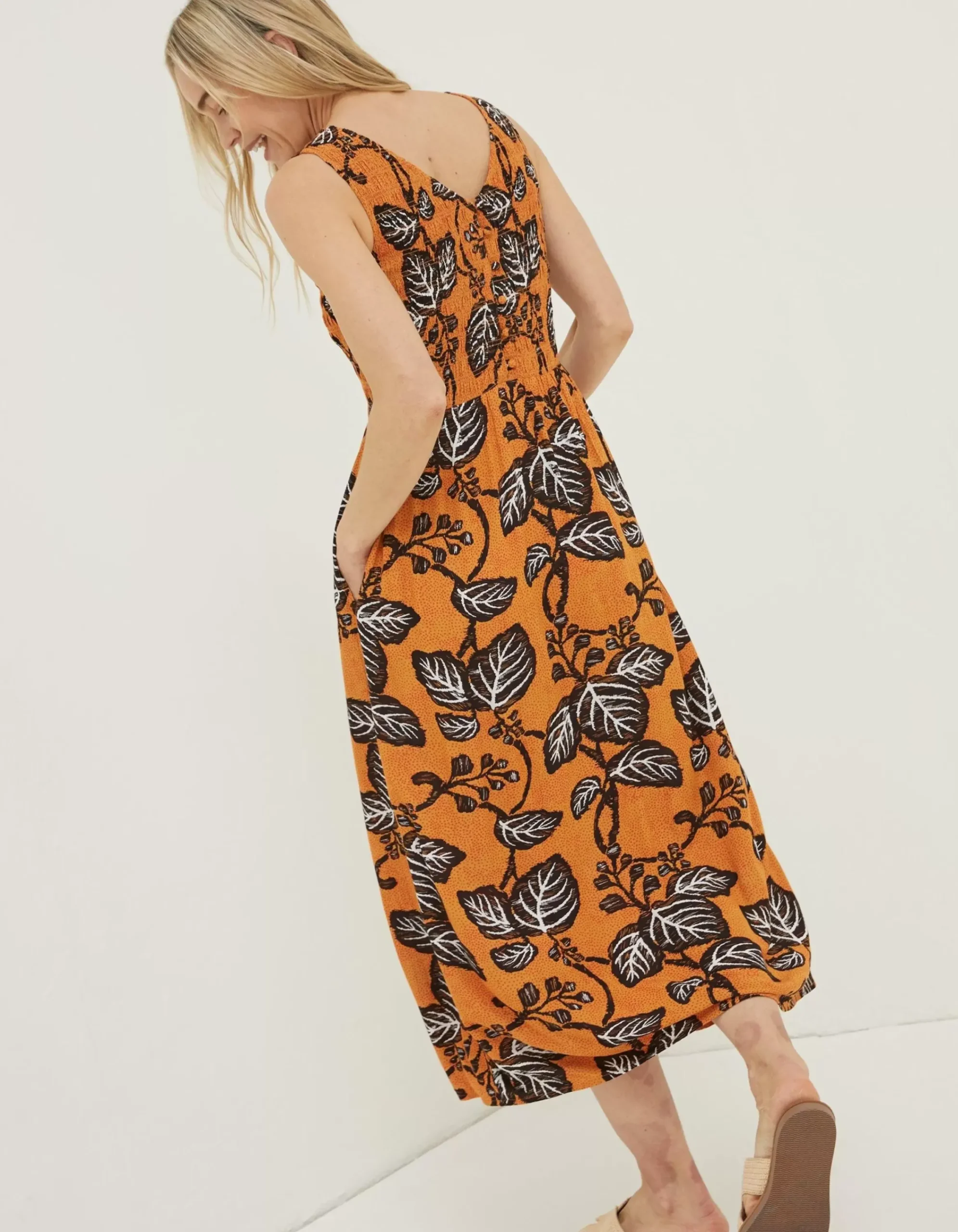 FatFace Anna Vine Floral Midi Dress Golden Yellow Clearance