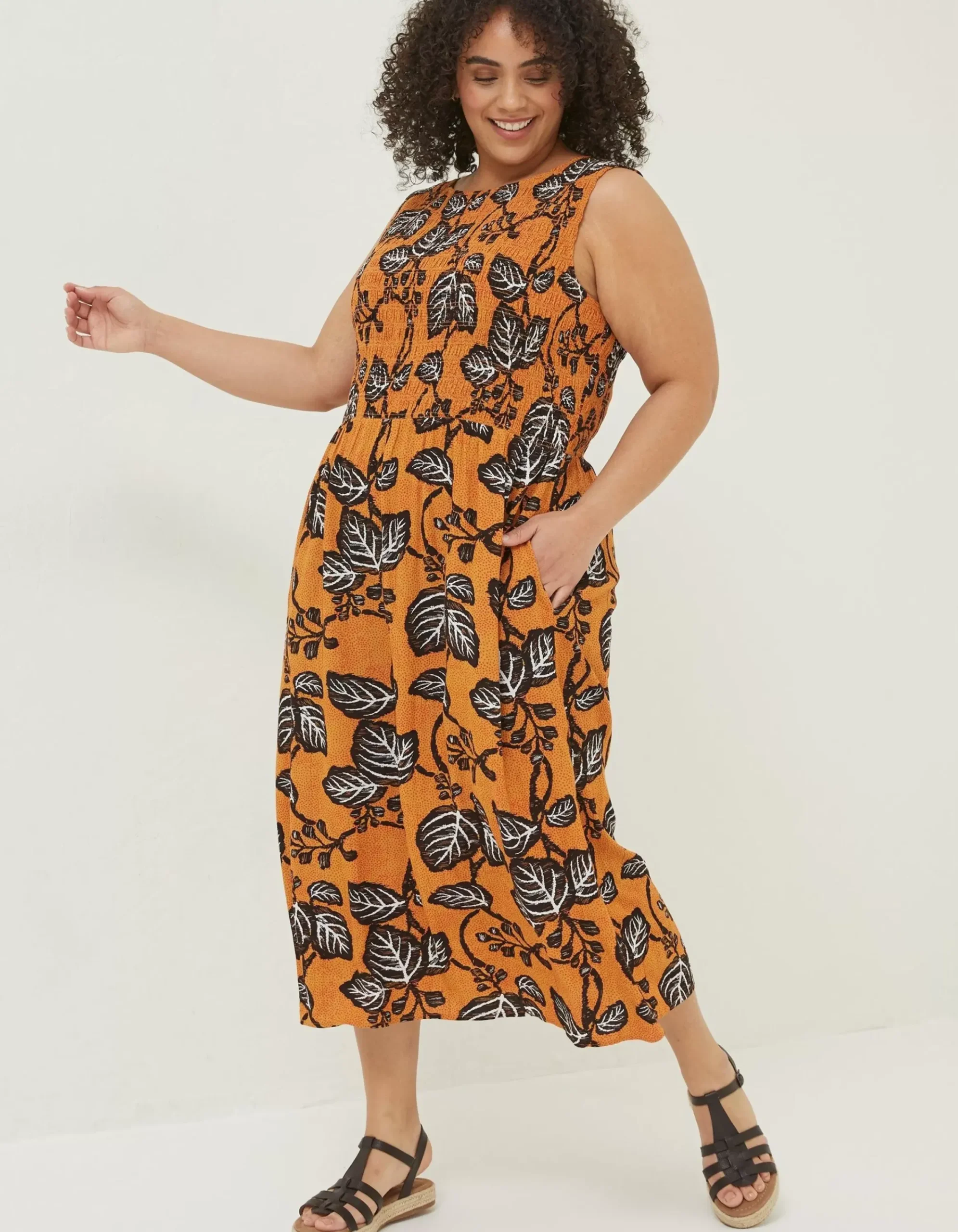 FatFace Anna Vine Floral Midi Dress Golden Yellow Clearance