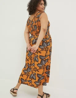 FatFace Anna Vine Floral Midi Dress Golden Yellow Clearance