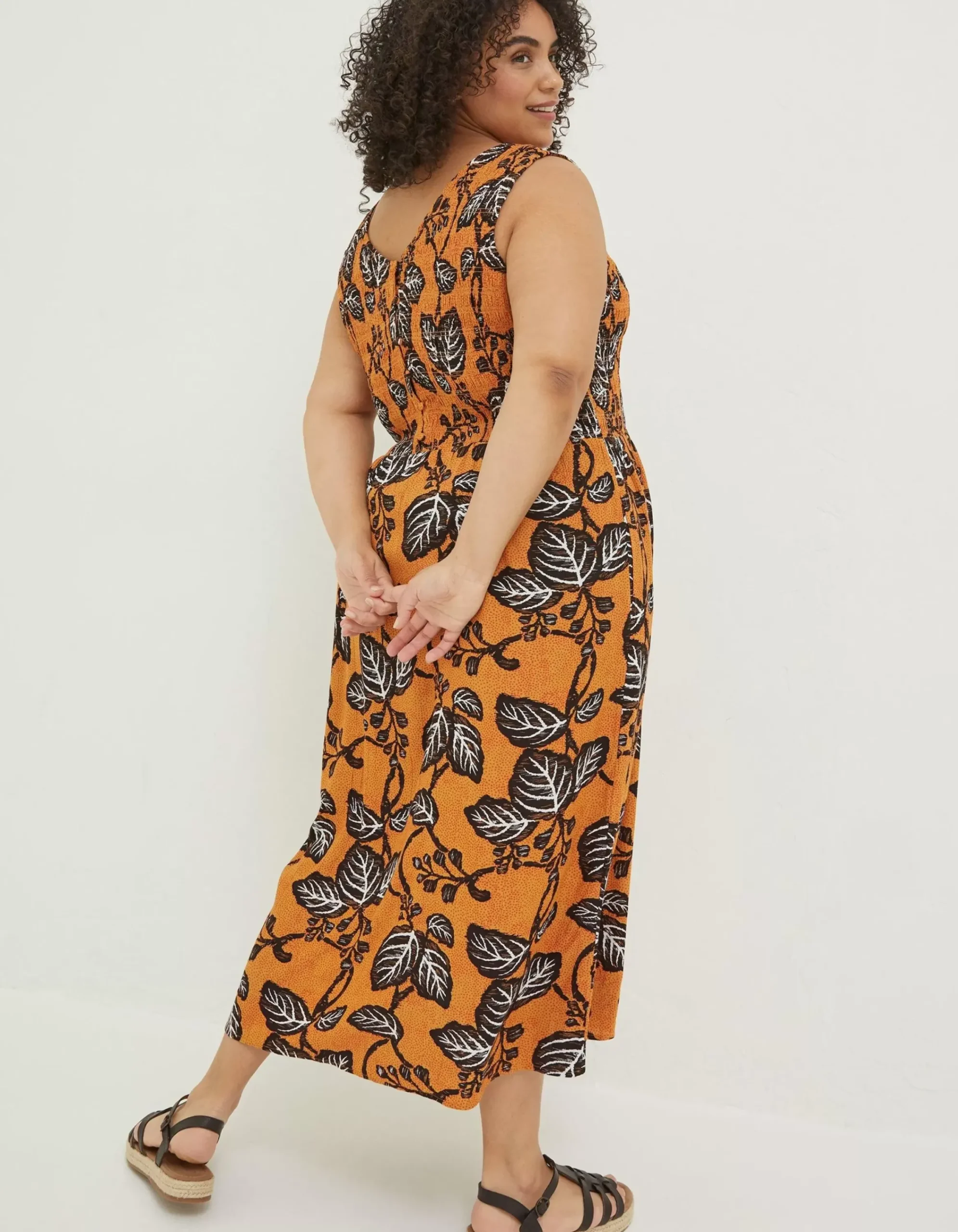 FatFace Anna Vine Floral Midi Dress Golden Yellow Clearance