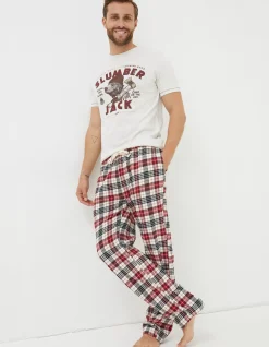 FatFace Argyll Checked Pyjama Bottoms Off White New