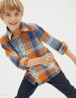 FatFace Arlo Check Shirt Orange Outlet