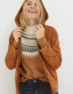 FatFace Asher Quilted Zip Through Hoodie Chestnut Brown Sale