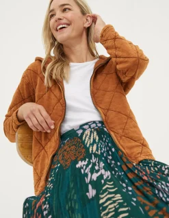 FatFace Asher Quilted Zip Through Hoodie Chestnut Brown Sale
