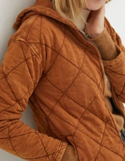 FatFace Asher Quilted Zip Through Hoodie Chestnut Brown Sale