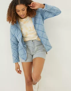 FatFace Asher Quilted Zip Through Hoodie Light Blue Clearance