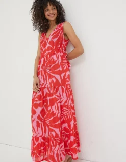 FatFace Avery Ikat Leaves Midi Dress Bright Red New