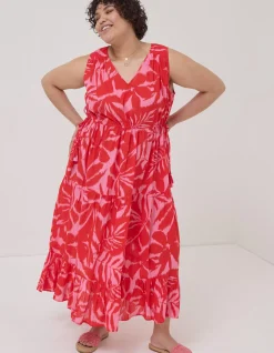 FatFace Avery Ikat Leaves Midi Dress Bright Red New