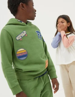 FatFace Badge Popover Hoodie Green Hot