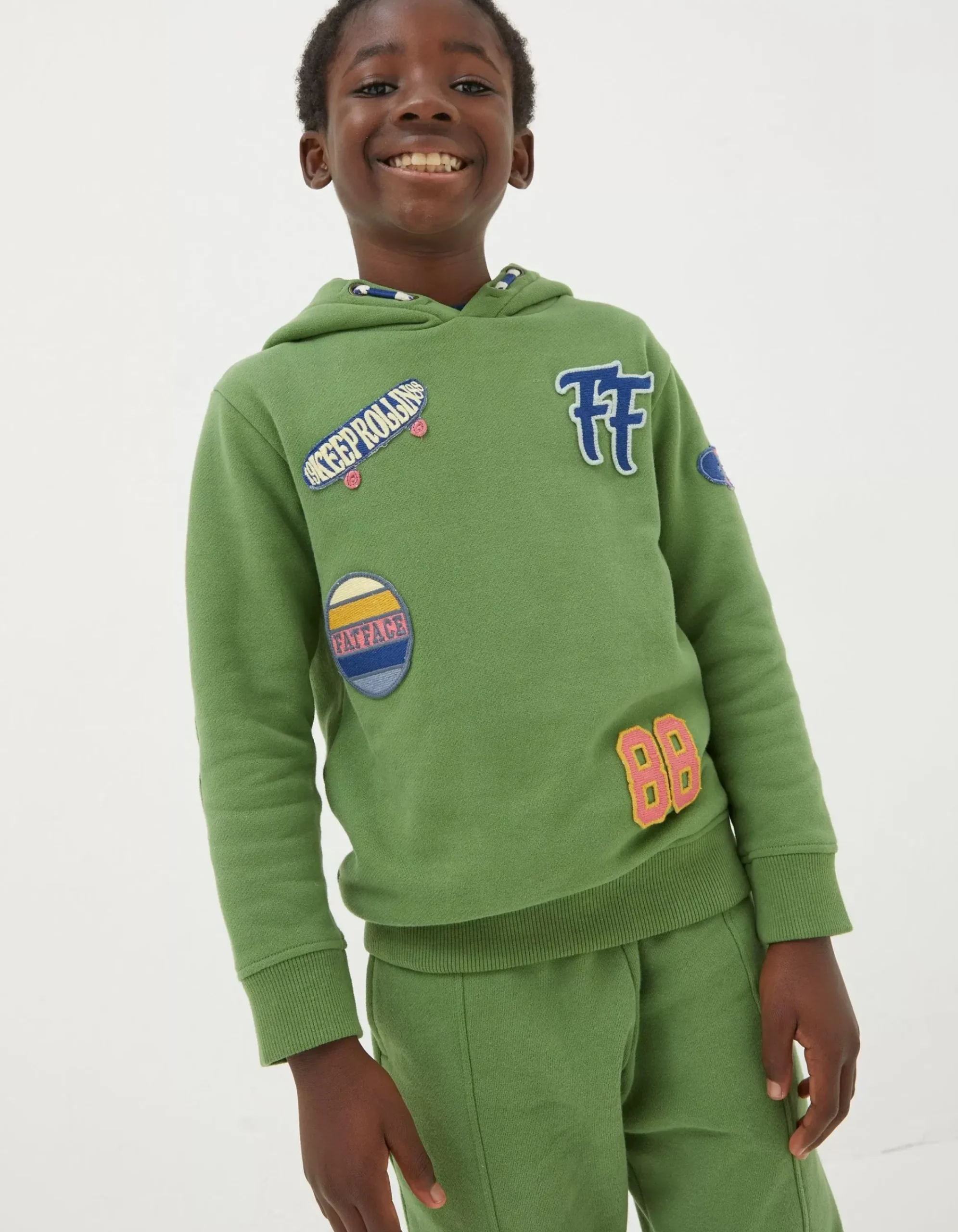 FatFace Badge Popover Hoodie Green Hot
