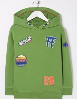 FatFace Badge Popover Hoodie Green Hot